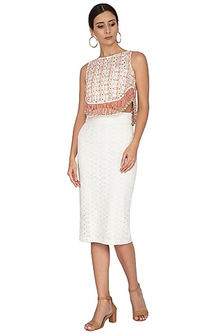 White & Red Embroidered Fringe Crop Top by Our Love
