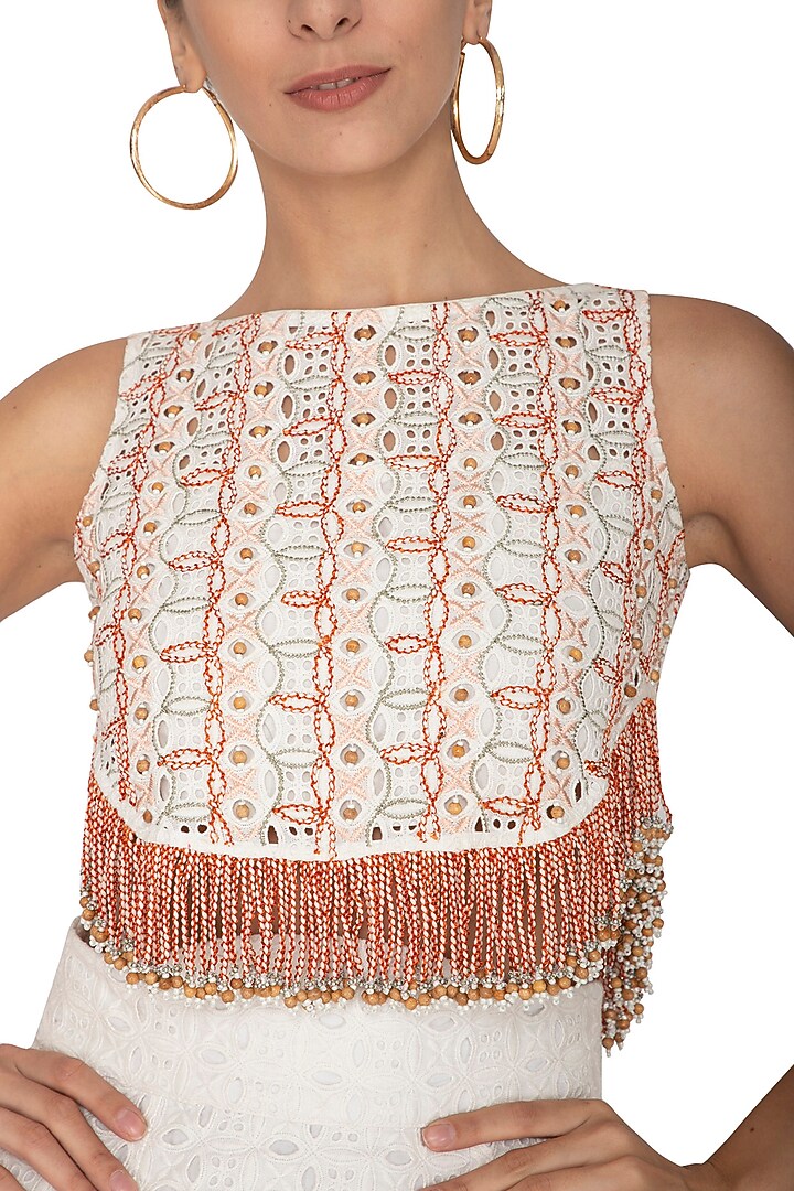 White & Red Embroidered Fringe Crop Top by Our Love at Pernia's Pop Up Shop
