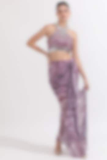 Dusky Lilac Georgette Handcrafted Draped Dhoti Skirt Set by OMAL SINDWANI