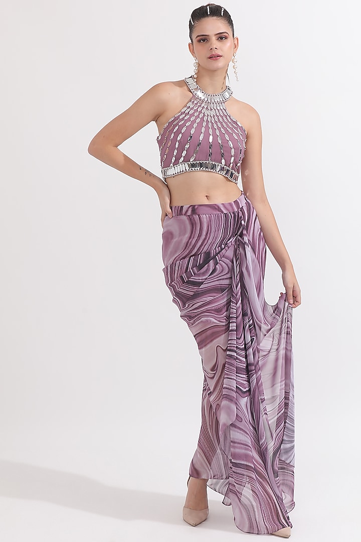 Dusky Lilac Georgette Handcrafted Draped Dhoti Skirt Set by OMAL SINDWANI