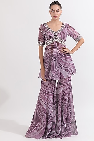Dusky Lilac Georgette Wave Printed Gharara Set by OMAL SINDWANI