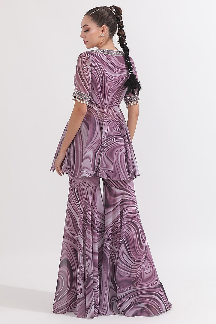 Dusky Lilac Georgette Wave Printed Gharara Set by OMAL SINDWANI at Pernia's Pop Up Shop