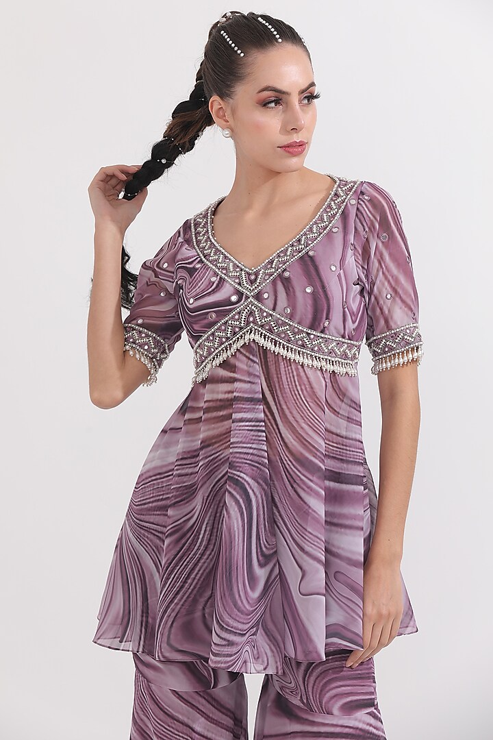 Dusky Lilac Georgette Wave Printed Gharara Set by OMAL SINDWANI at Pernia's Pop Up Shop
