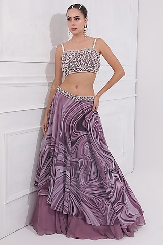 Dusky Lilac Georgette Wave Printed & Pearl Embellished Layered Lehenga Set by OMAL SINDWANI