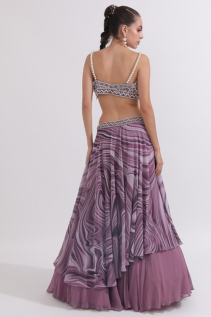 Dusky Lilac Georgette Wave Printed & Pearl Embellished Layered Wedding Lehenga Set by OMAL SINDWANI at Pernia's Pop Up Shop