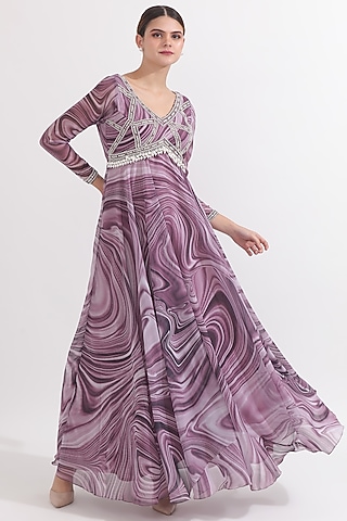 Dusky Lilac Georgette Wave Printed & Pearl Embellished Handcrafted Anarkali Set by OMAL SINDWANI