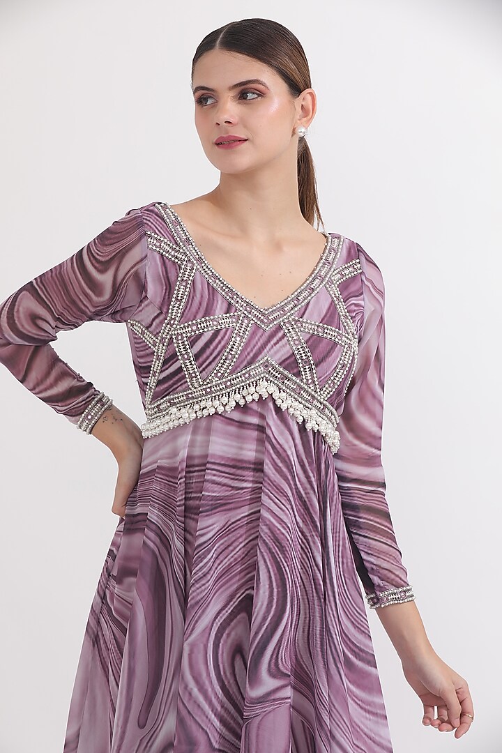 Dusky Lilac Georgette Wave Printed & Pearl Embellished Handcrafted Party Wear Anarkali Set by OMAL SINDWANI at Pernia's Pop Up Shop
