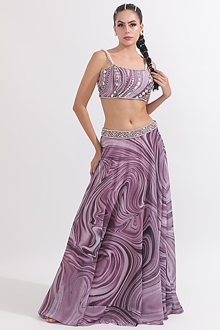 Dusky Lilac Georgette Wave Printed & Pearl Embellished Lehenga Set by OMAL SINDWANI