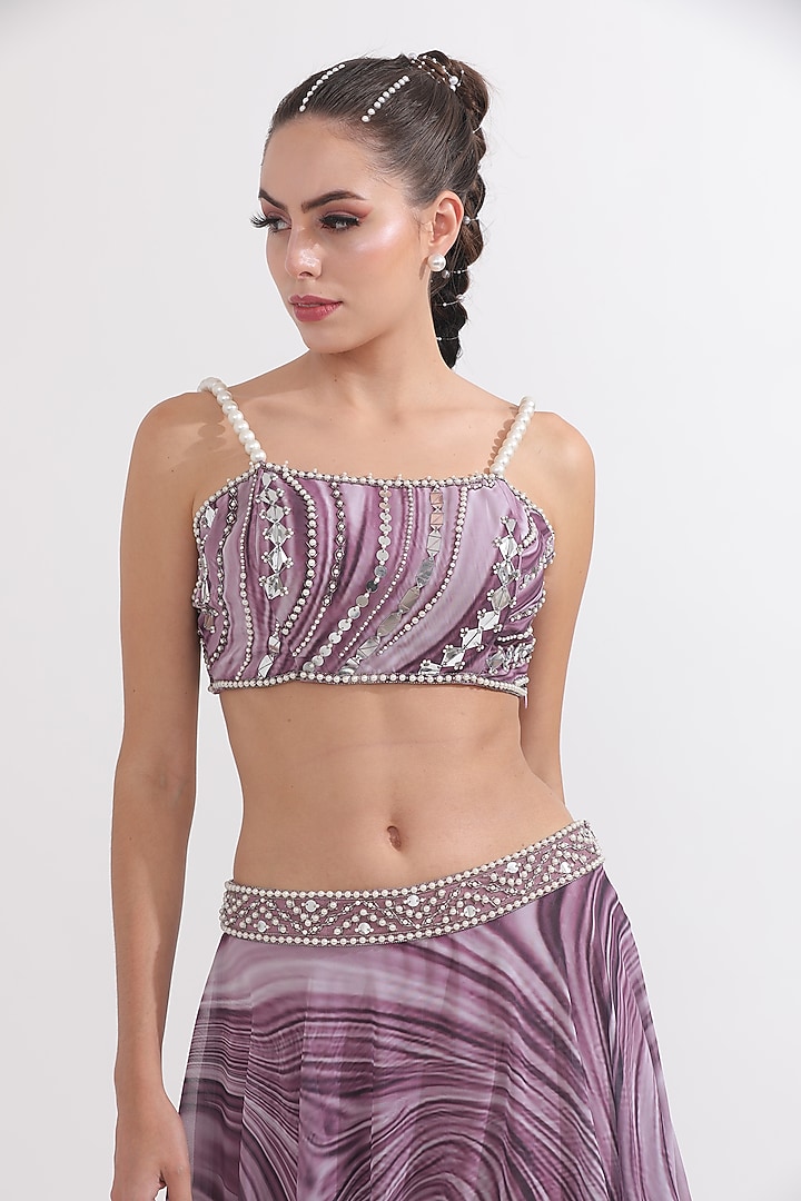 Dusky Lilac Georgette Wave Printed & Pearl Embellished Lehenga Set by OMAL SINDWANI at Pernia's Pop Up Shop