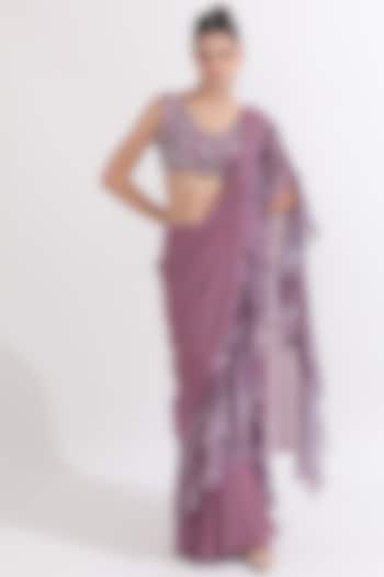 Dusky Lilac Georgette Wave Printed & Pearl Embellished Ruffled Lehenga Saree Set by OMAL SINDWANI