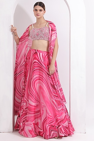 Pink Satin Georgette Wave Printed Jacket Lehenga Set by OMAL SINDWANI