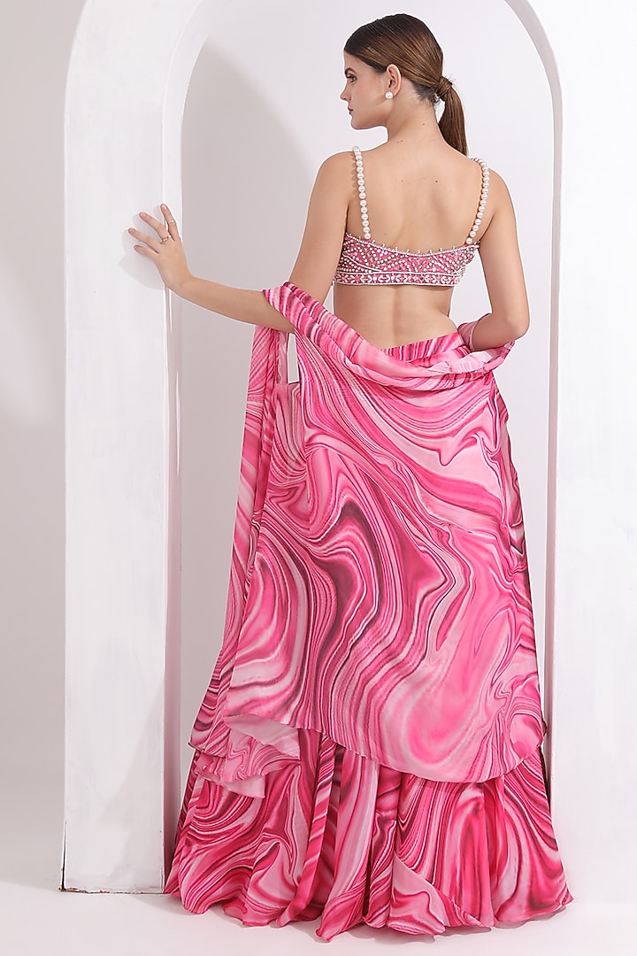 Pink Satin Georgette Wave Printed Jacket Wedding Lehenga Set by OMAL SINDWANI at Pernia's Pop Up Shop
