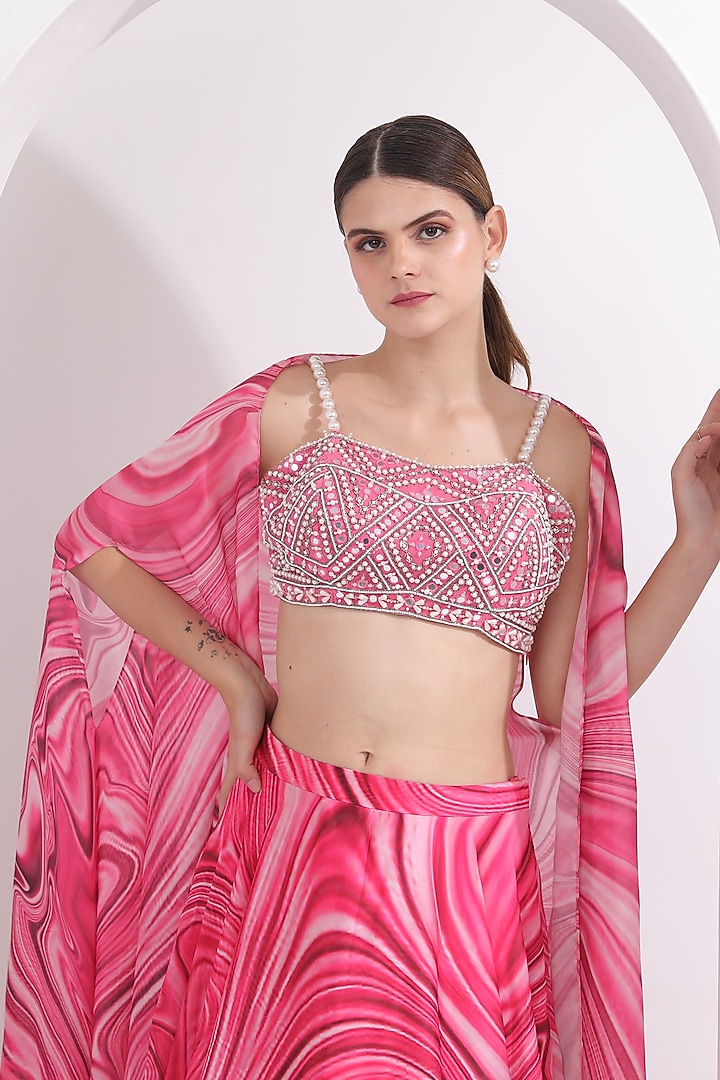 Pink Satin Georgette Wave Printed Jacket Wedding Lehenga Set by OMAL SINDWANI at Pernia's Pop Up Shop