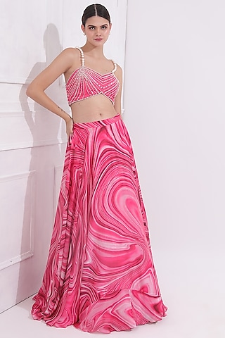 Pink Satin Georgette Wave Printed Lehenga Set by OMAL SINDWANI