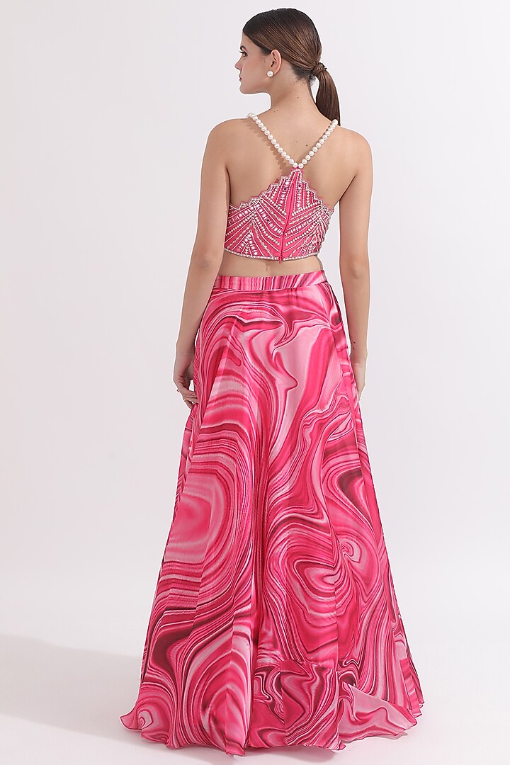 Pink Satin Georgette Wave Printed Wedding Lehenga Set by OMAL SINDWANI at Pernia's Pop Up Shop
