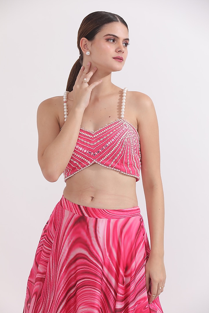 Pink Satin Georgette Wave Printed Wedding Lehenga Set by OMAL SINDWANI at Pernia's Pop Up Shop