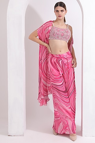 Pink Satin Georgette Wave Printed Cape Set by OMAL SINDWANI