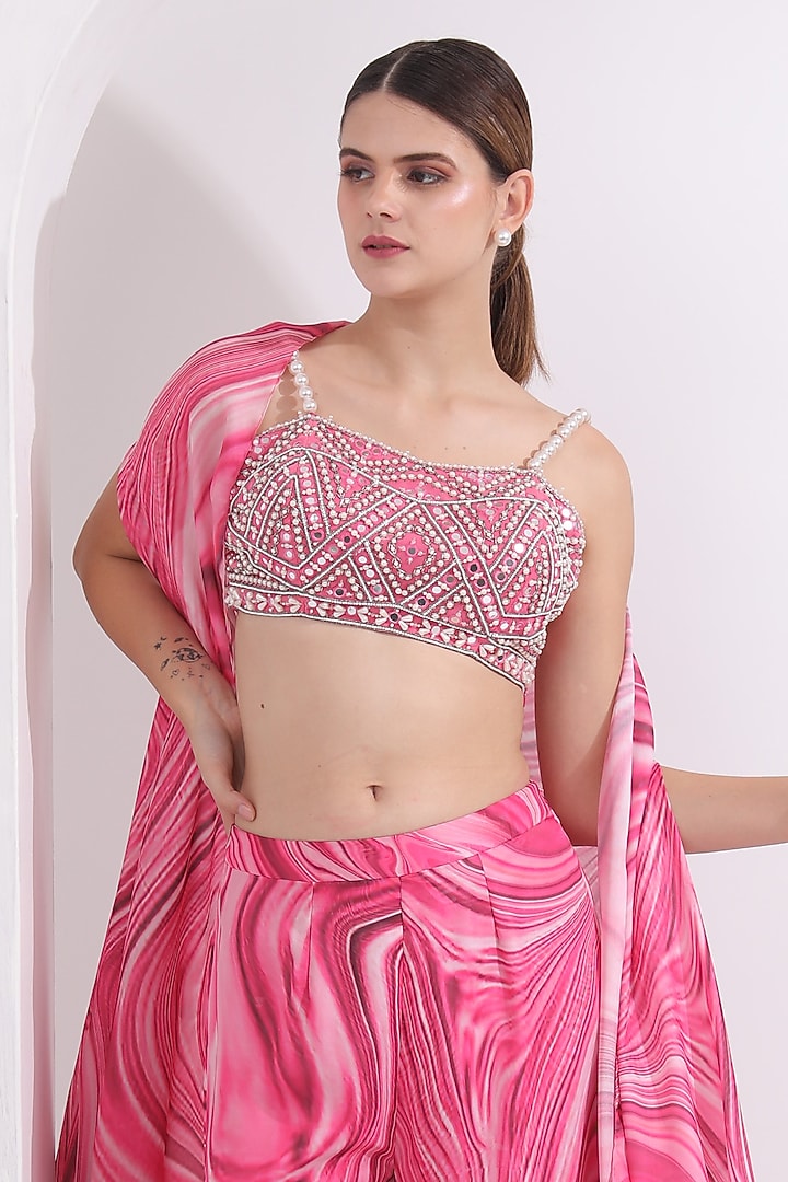 Pink Satin Georgette Wave Printed Cape Set by OMAL SINDWANI at Pernia's Pop Up Shop