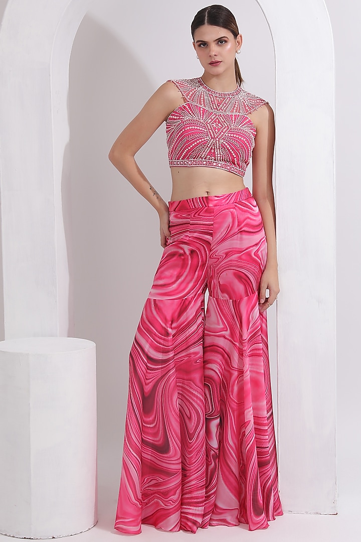 Pink Satin Georgette Wave Printed Gharara Set by OMAL SINDWANI