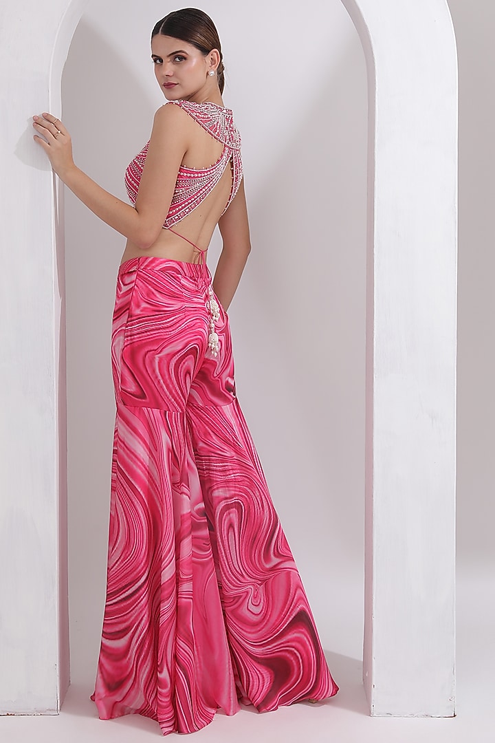 Pink Satin Georgette Wave Printed Gharara Set by OMAL SINDWANI at Pernia's Pop Up Shop