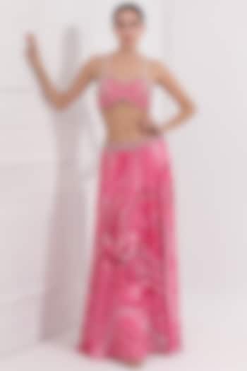 Pink Satin Georgette Wave Printed Straight Skirt Set by OMAL SINDWANI