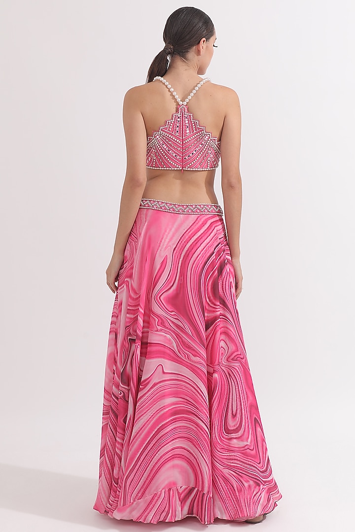 Pink Satin Georgette Wave Printed Straight Skirt Set by OMAL SINDWANI at Pernia's Pop Up Shop