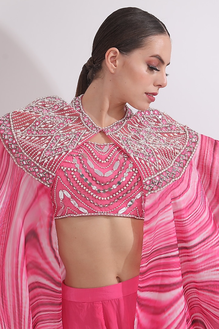 Pink Satin Georgette Wave Printed Cape Set by OMAL SINDWANI at Pernia's Pop Up Shop