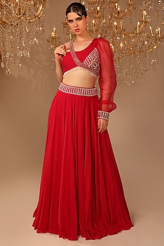 Flamingo Pink Georgette & Net Skirt Set by OMAL SINDWANI