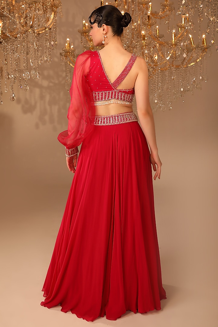 Flamingo Pink Georgette & Net Skirt Set by OMAL SINDWANI at Pernia's Pop Up Shop