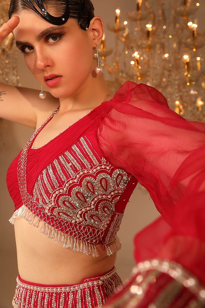 Flamingo Pink Georgette & Net Skirt Set by OMAL SINDWANI at Pernia's Pop Up Shop