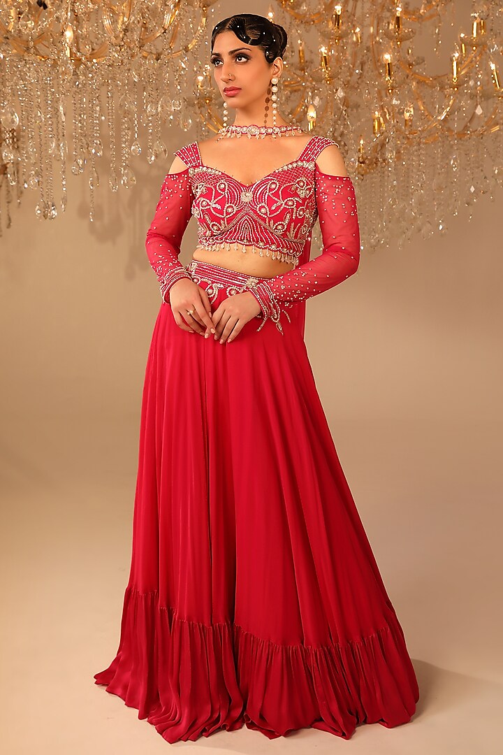 Pink Georgette & Net Cutdana Embroidered Wedding Lehenga Set by OMAL SINDWANI at Pernia's Pop Up Shop