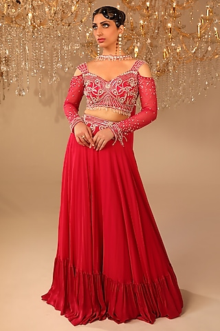 Pink Georgette & Net Cutdana Embroidered Lehenga Set by omal sindwani