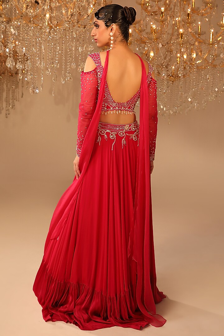 Pink Georgette & Net Cutdana Embroidered Wedding Lehenga Set by OMAL SINDWANI at Pernia's Pop Up Shop