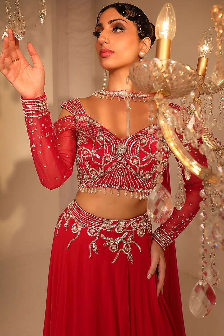 Pink Georgette & Net Cutdana Embroidered Wedding Lehenga Set by OMAL SINDWANI at Pernia's Pop Up Shop