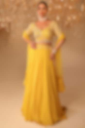 Yellow Georgette & Net Pearl Embroidered Wedding Lehenga Set by OMAL SINDWANI at Pernia's Pop Up Shop