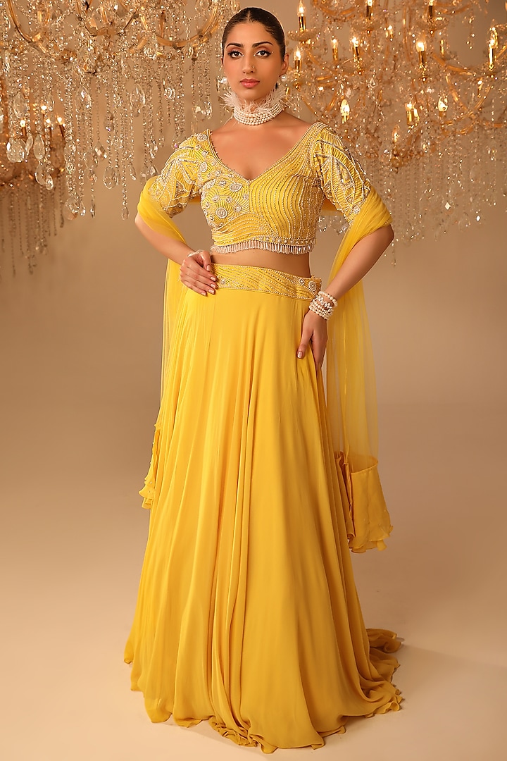 Yellow Georgette & Net Pearl Embroidered Wedding Lehenga Set by OMAL SINDWANI at Pernia's Pop Up Shop