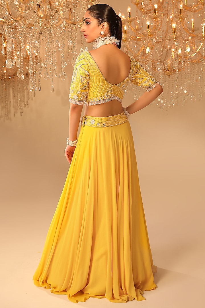 Yellow Georgette & Net Pearl Embroidered Wedding Lehenga Set by OMAL SINDWANI at Pernia's Pop Up Shop