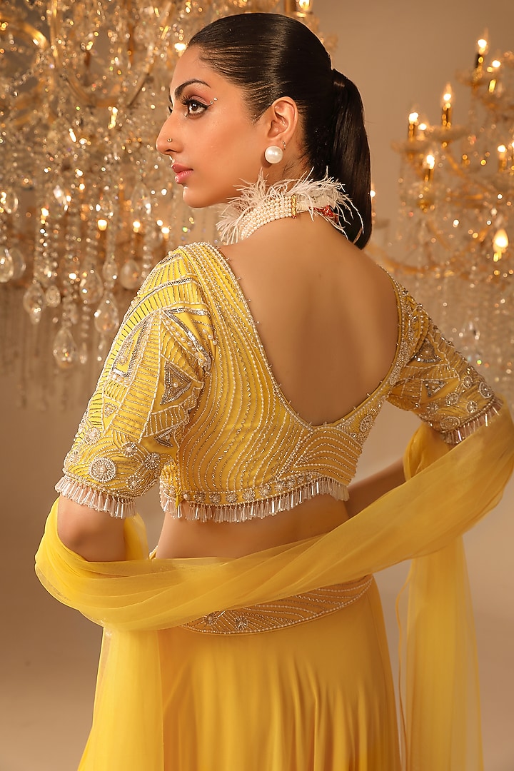 Yellow Georgette & Net Pearl Embroidered Wedding Lehenga Set by OMAL SINDWANI at Pernia's Pop Up Shop