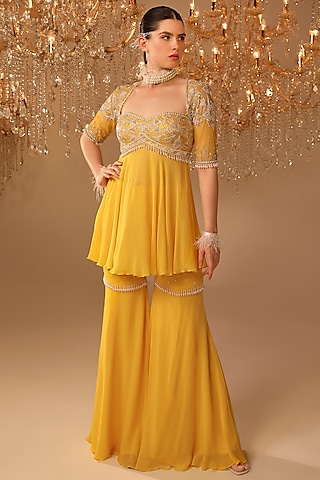 Yellow Georgette Gharara Set by OMAL SINDWANI