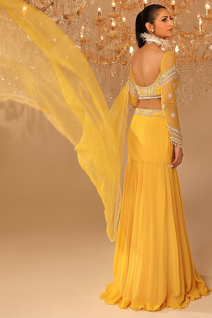 Yellow Georgette Pearl Embroidered Wedding Lehenga Set by OMAL SINDWANI at Pernia's Pop Up Shop