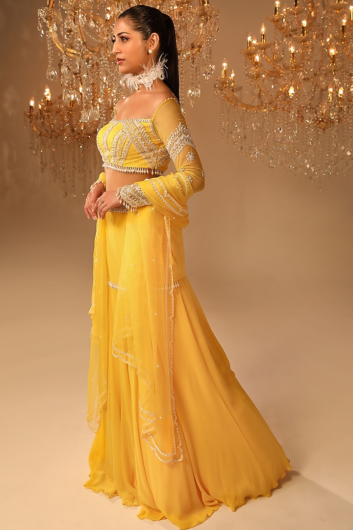 Yellow Georgette Pearl Embroidered Wedding Lehenga Set by OMAL SINDWANI at Pernia's Pop Up Shop