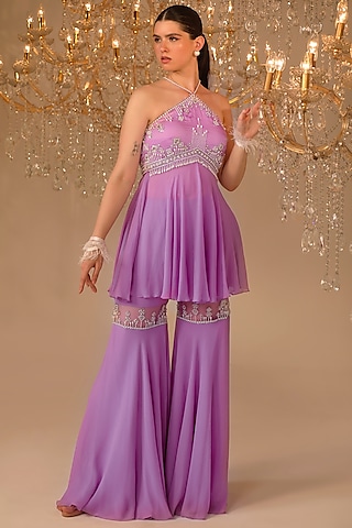 Purple Georgette Gharara Set by OMAL SINDWANI