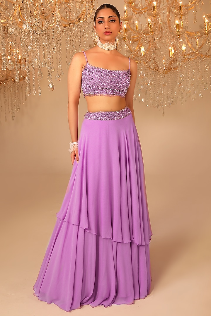 Purple Georgette Layered Skirt Set by OMAL SINDWANI