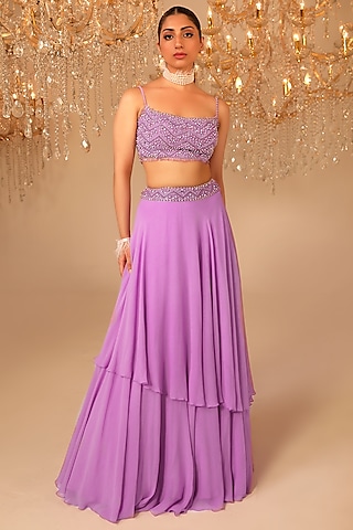 Purple Georgette Layered Skirt Set by OMAL SINDWANI