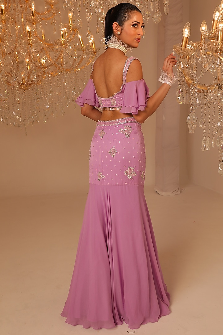 Purple Georgette Pearl Embroidered Skirt Set by OMAL SINDWANI at Pernia's Pop Up Shop