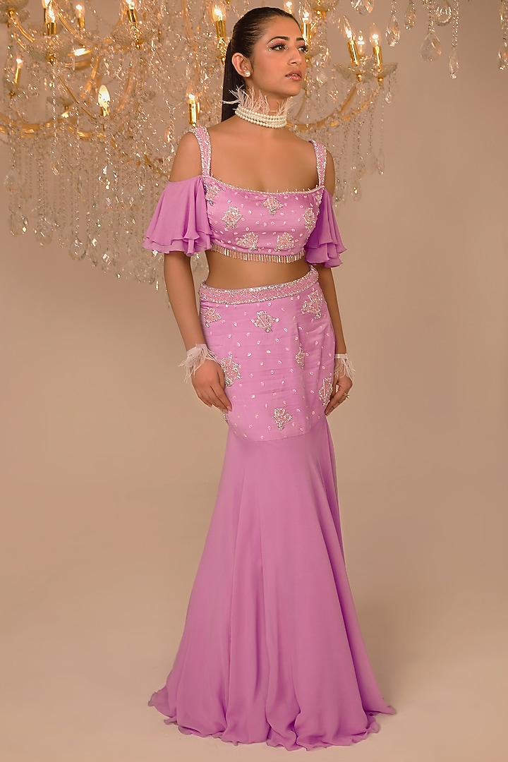 Purple Georgette Pearl Embroidered Skirt Set by OMAL SINDWANI at Pernia's Pop Up Shop