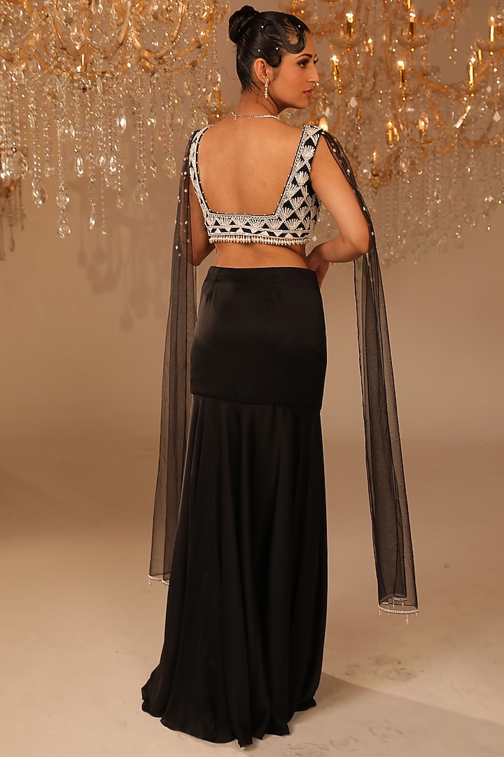 Black Satin & Net Slit Skirt Set by OMAL SINDWANI at Pernia's Pop Up Shop