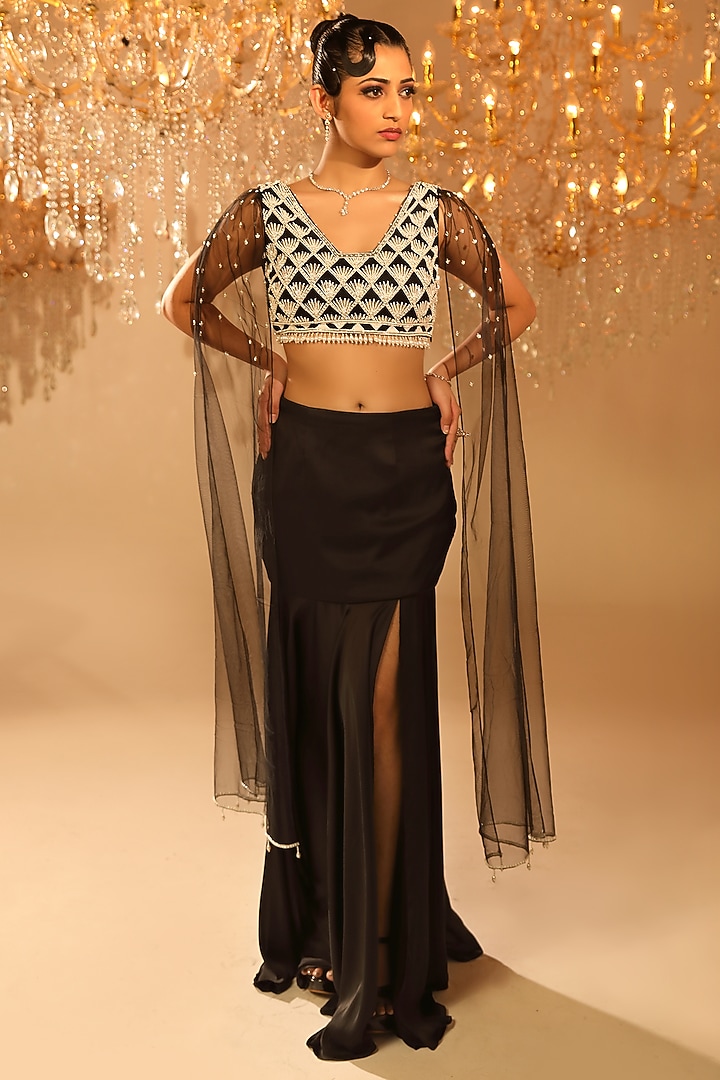 Black Satin & Net Slit Skirt Set by OMAL SINDWANI at Pernia's Pop Up Shop