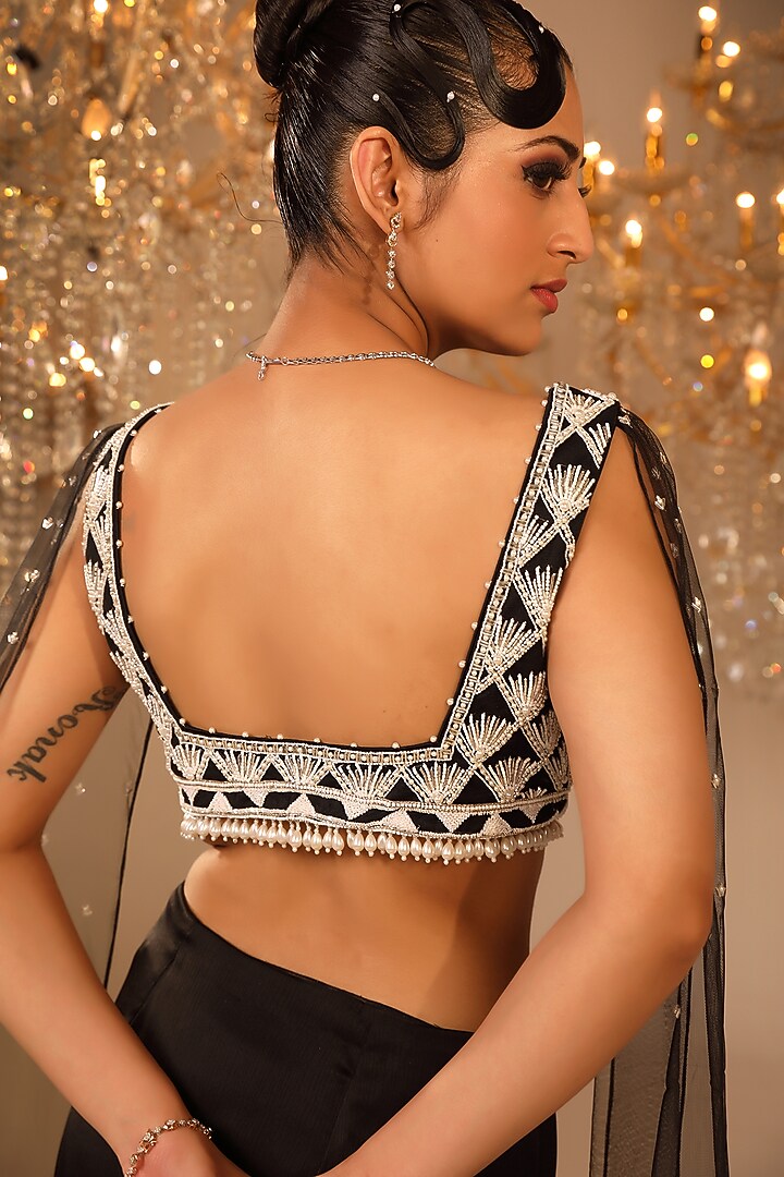 Black Satin & Net Slit Skirt Set by OMAL SINDWANI at Pernia's Pop Up Shop