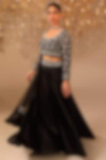 Black Satin Crystal Embroidered Lehenga Set by OMAL SINDWANI